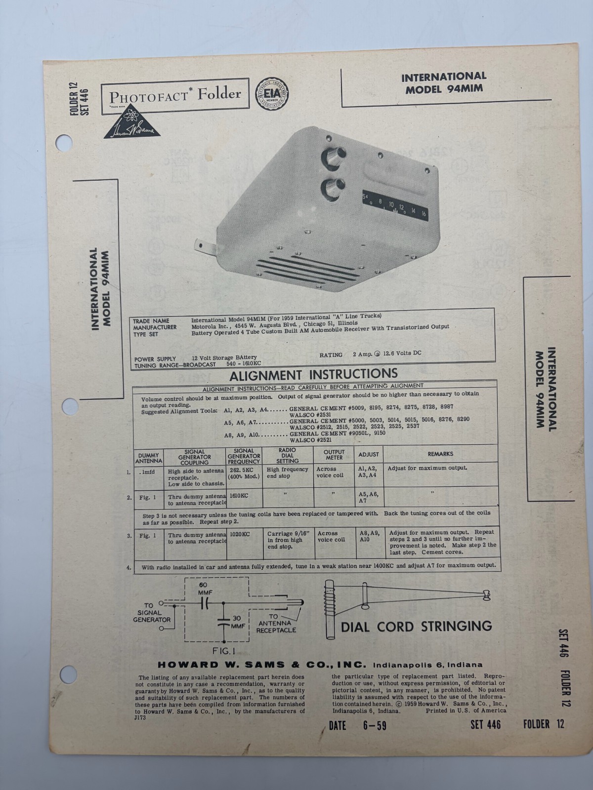 Original Sams Photofact Manual INTERNATIONAL 94MIM Truck Car Radio W Schematic