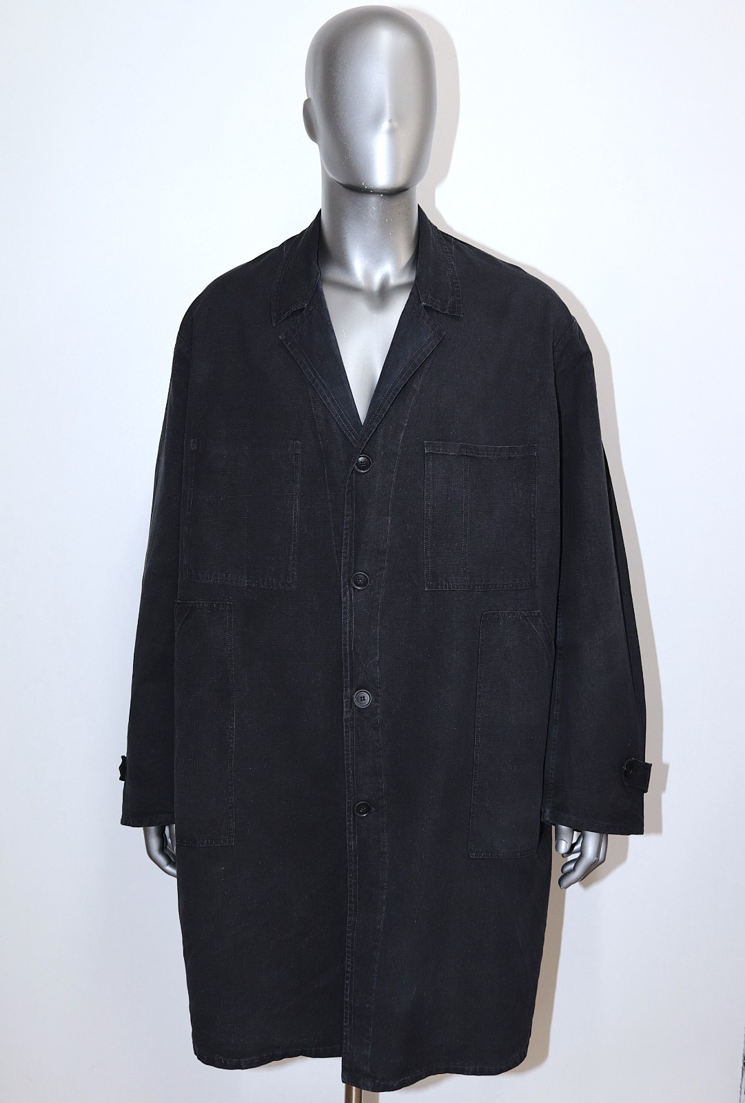 French 1930s Black Linen Maquignon Atelier Work Chore Coat Sz XL Made in France