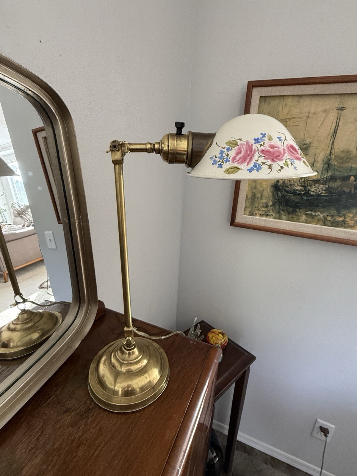 Antique Faries Co. (MARKED) Articulating Brass Desk lamp/ LIGHTS/ Hand painted