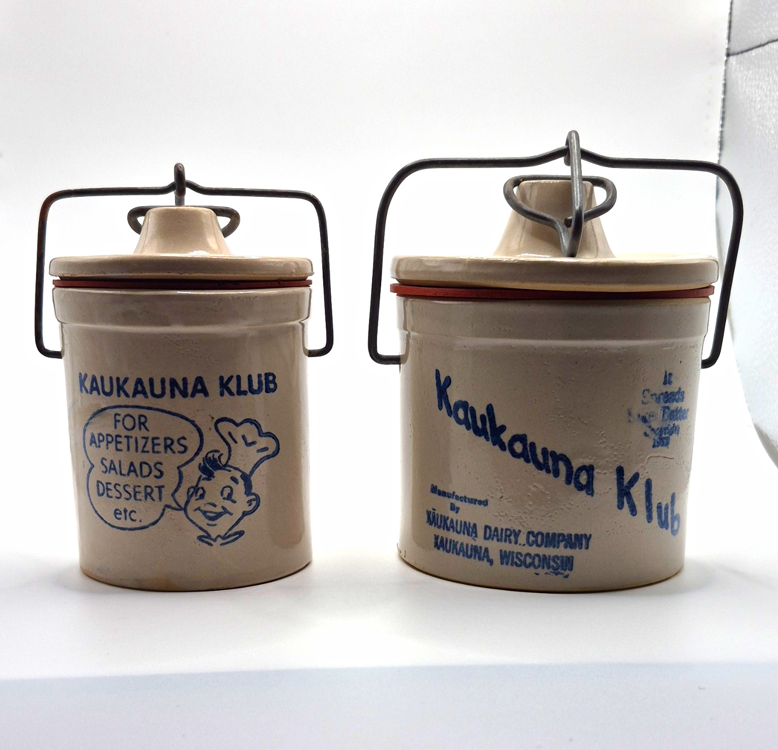 Vintage 1933 Kaukauna Klub Cheese Crocks Set 2 Sizes 3\