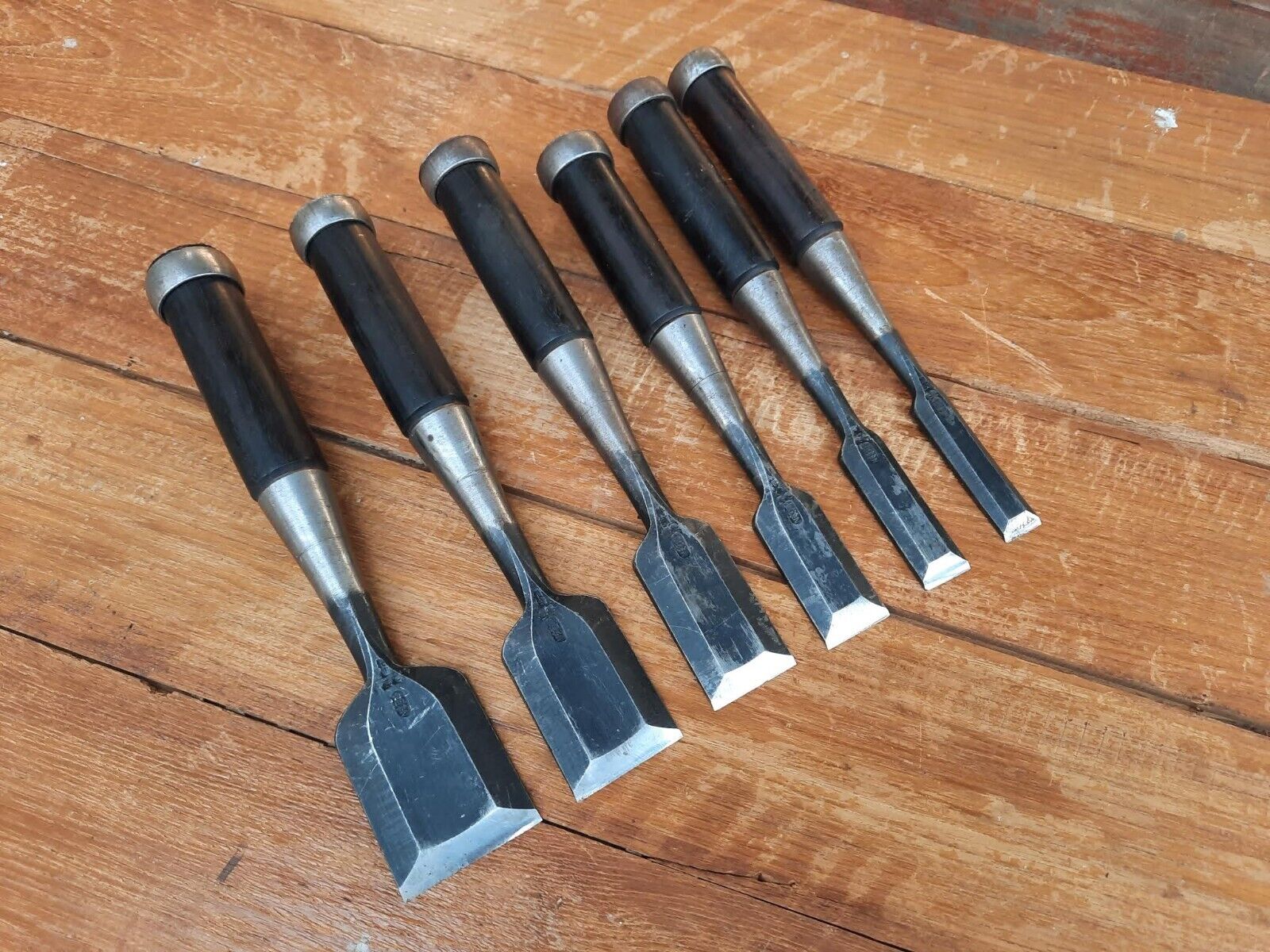 Lot of 6 Vintage Japanese  Bevel Edge Chisels Rosewood handle Woodworking Tools