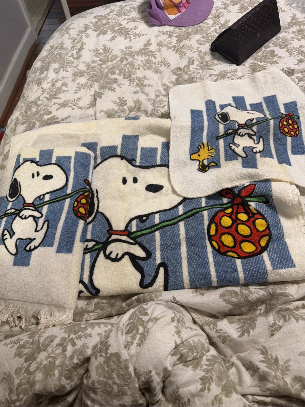 VTG  1970s Towel Set featuring Snoopy Woodstock Washcloth Hand Towel Body Towel
