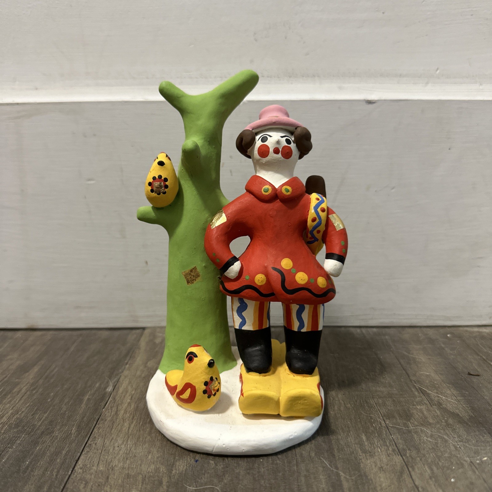 Vintage Russian Dymkovo Folk Art Pottery Clay Toy~ Bird In Cactus Figure