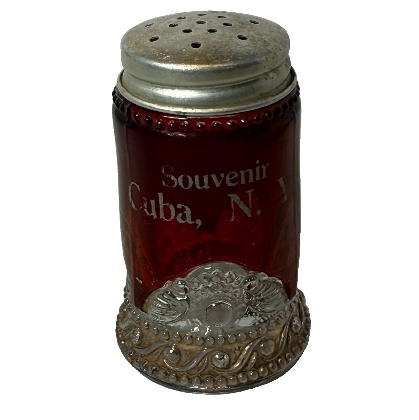 CUBA NY NEW YORK ANTIQUE Ruby Red Flash Souvenir Glass TRINKET SHAKER