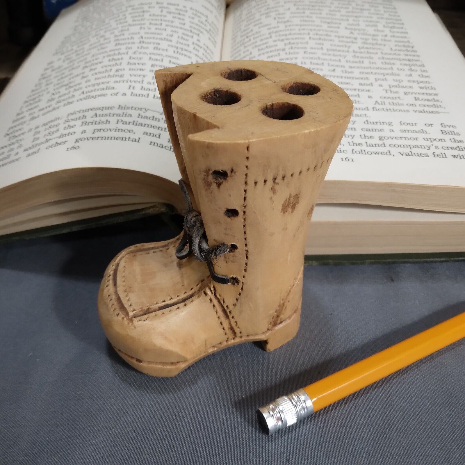 Vtg Hand Carved Boot Pencil Holder w/Leather Shoelace Kitsch Office Desk Décor