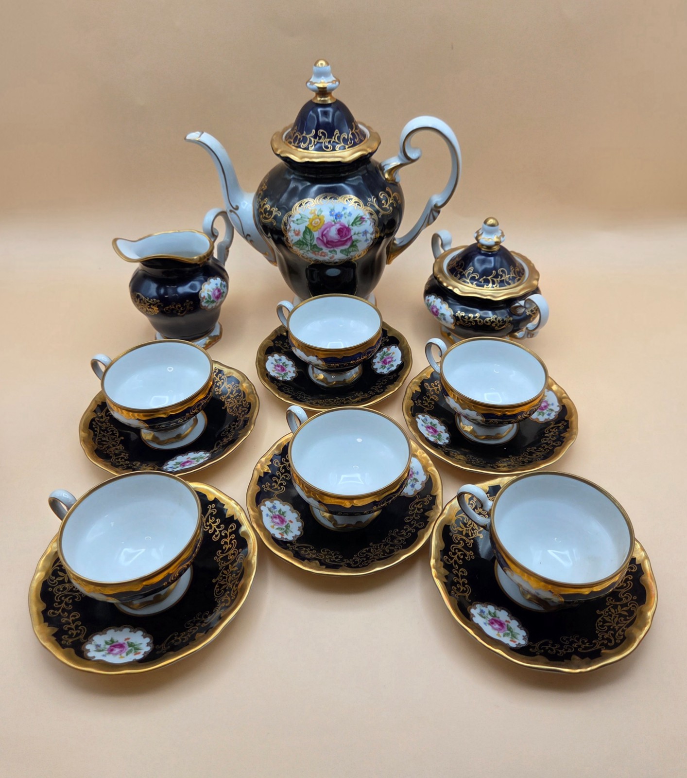 Weimar Porzellan Katharina 7466 Echt Weimar-Kobalt 15pc Mokka Set GDR