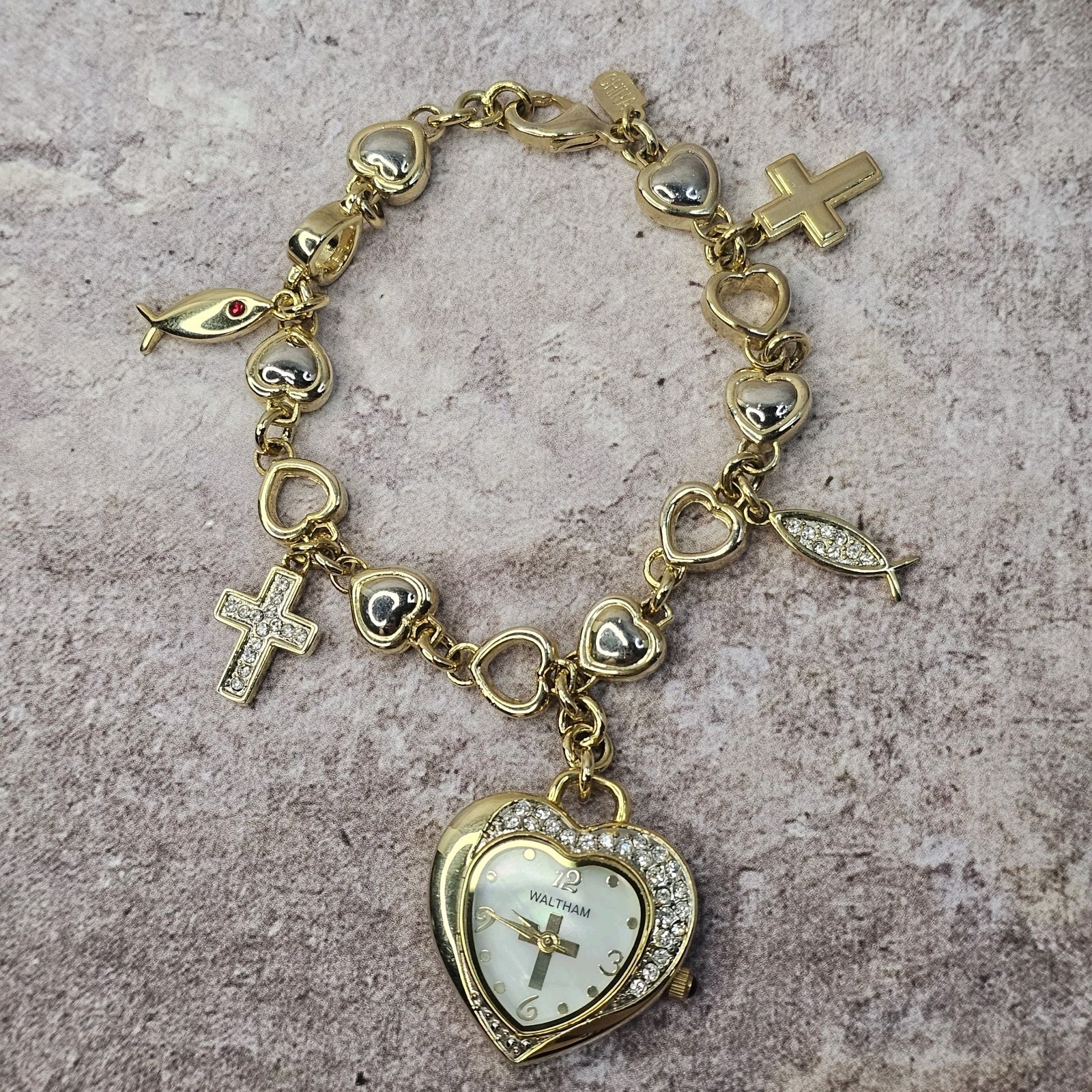 Vintage Waltham Heart Charm Bracelet Watch Gold Tone Cross Ichthys Christian