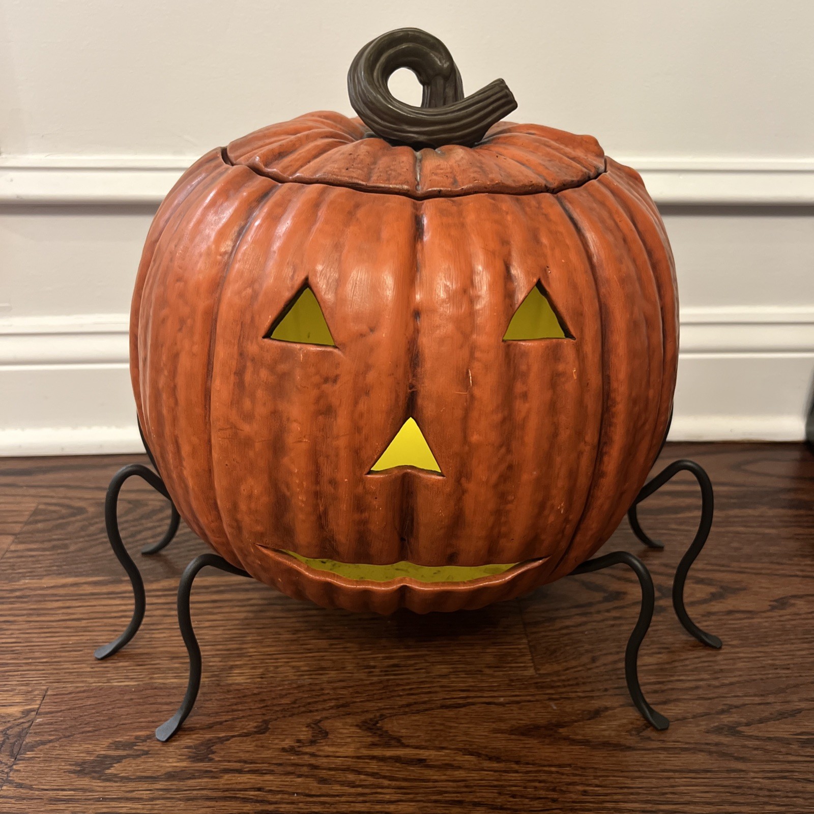 Vintage Atlantic Mold Jack O Lantern Ceramic Pumpkin &Stand Halloween 1975 RARE