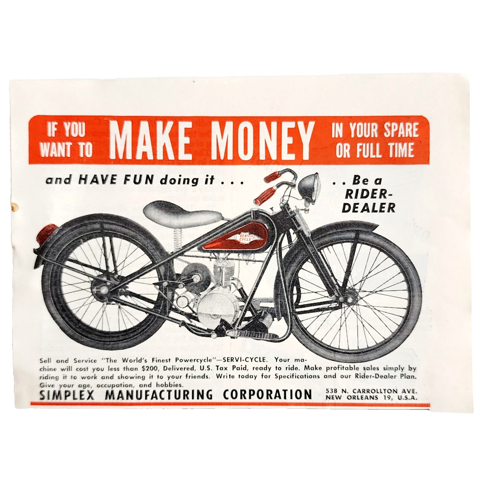 1950 Simplex Serv-Cycle Motorcycle Advertisement Vintage Transportation A5E