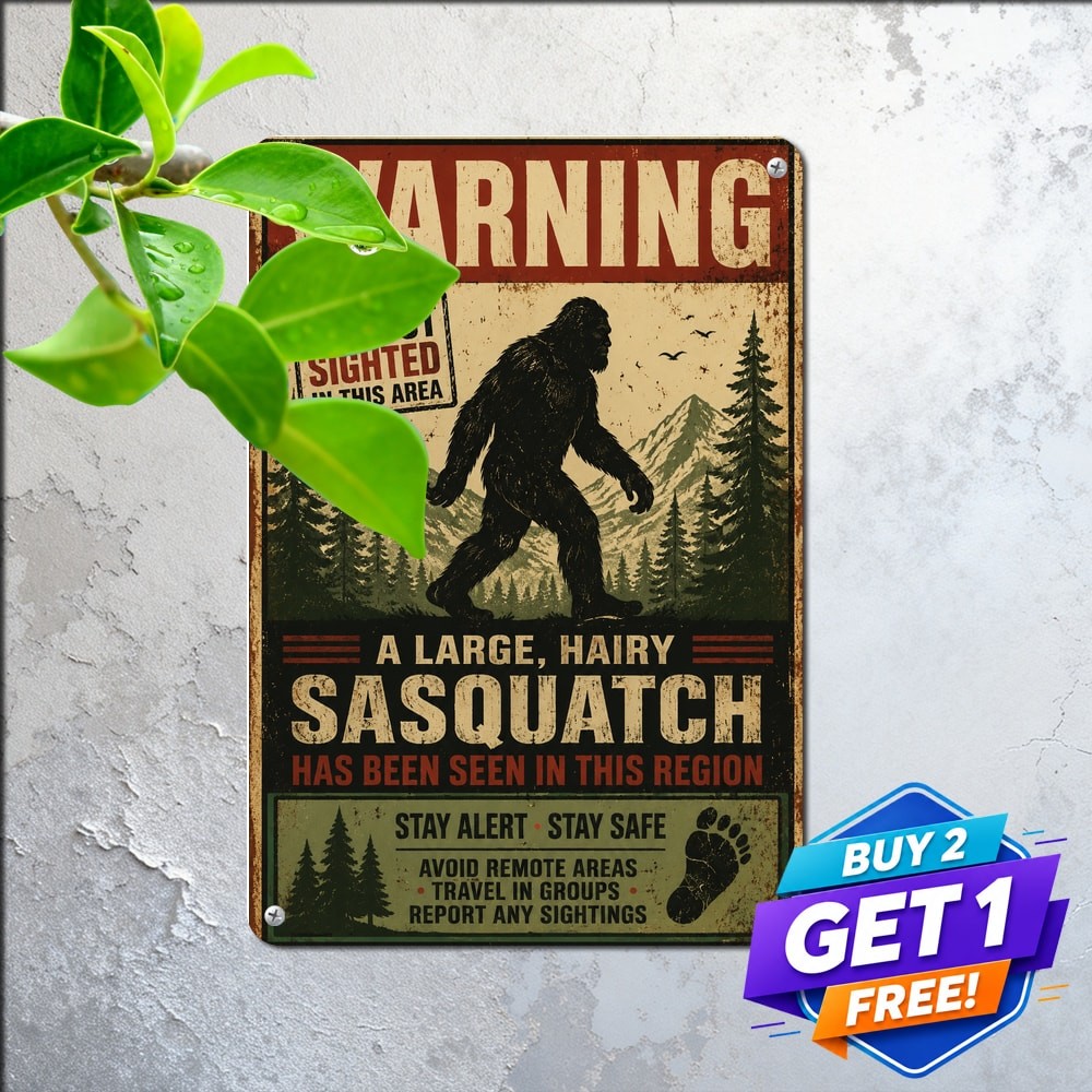Bigfoot Sighted Area Rustic Warning Sign Forest Cabin Decor Metal Tin Plaque