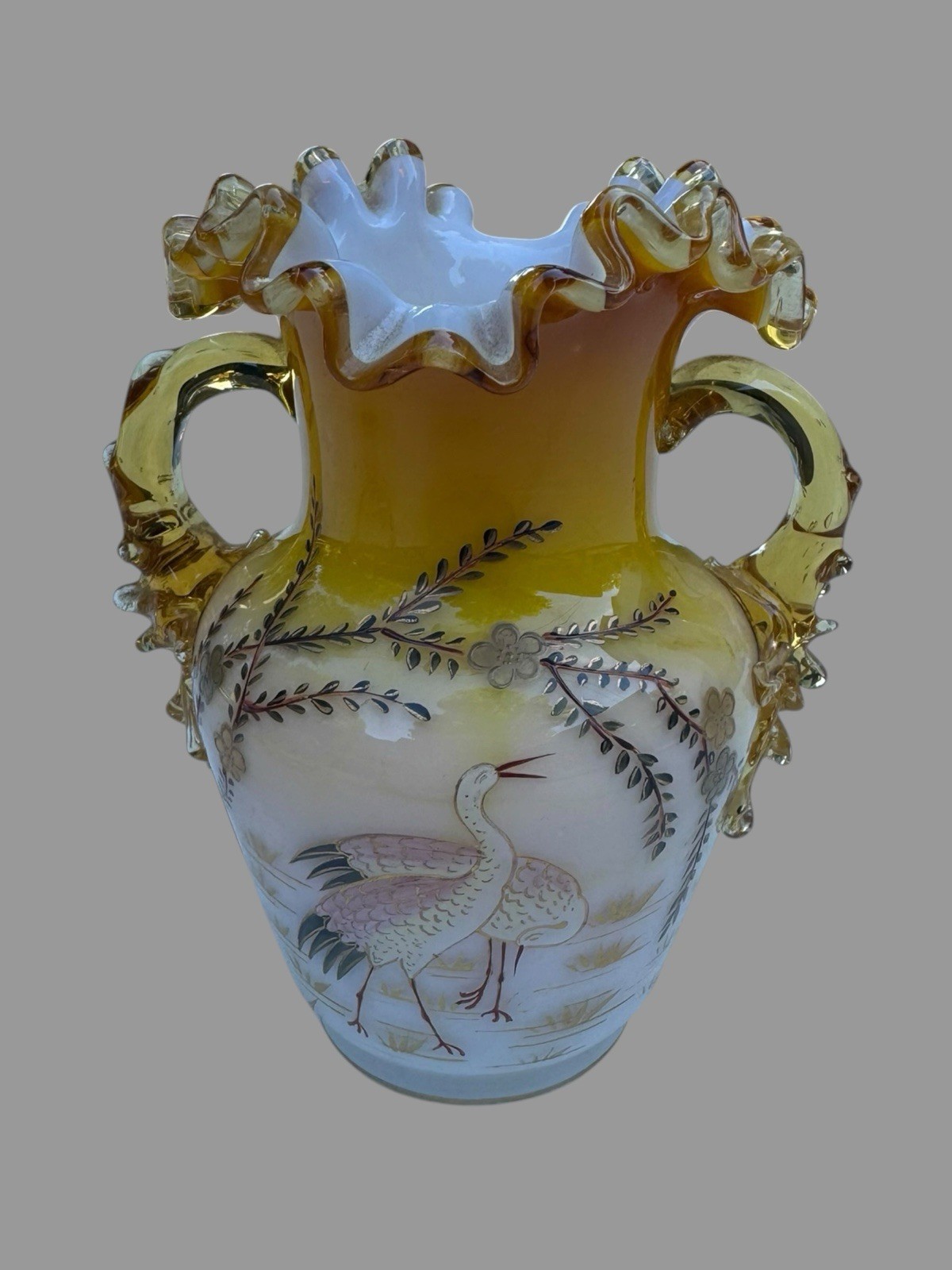 Antique Victorian Art Glass Vase Hand Painted Herons Ruffled Rim Applied Handles