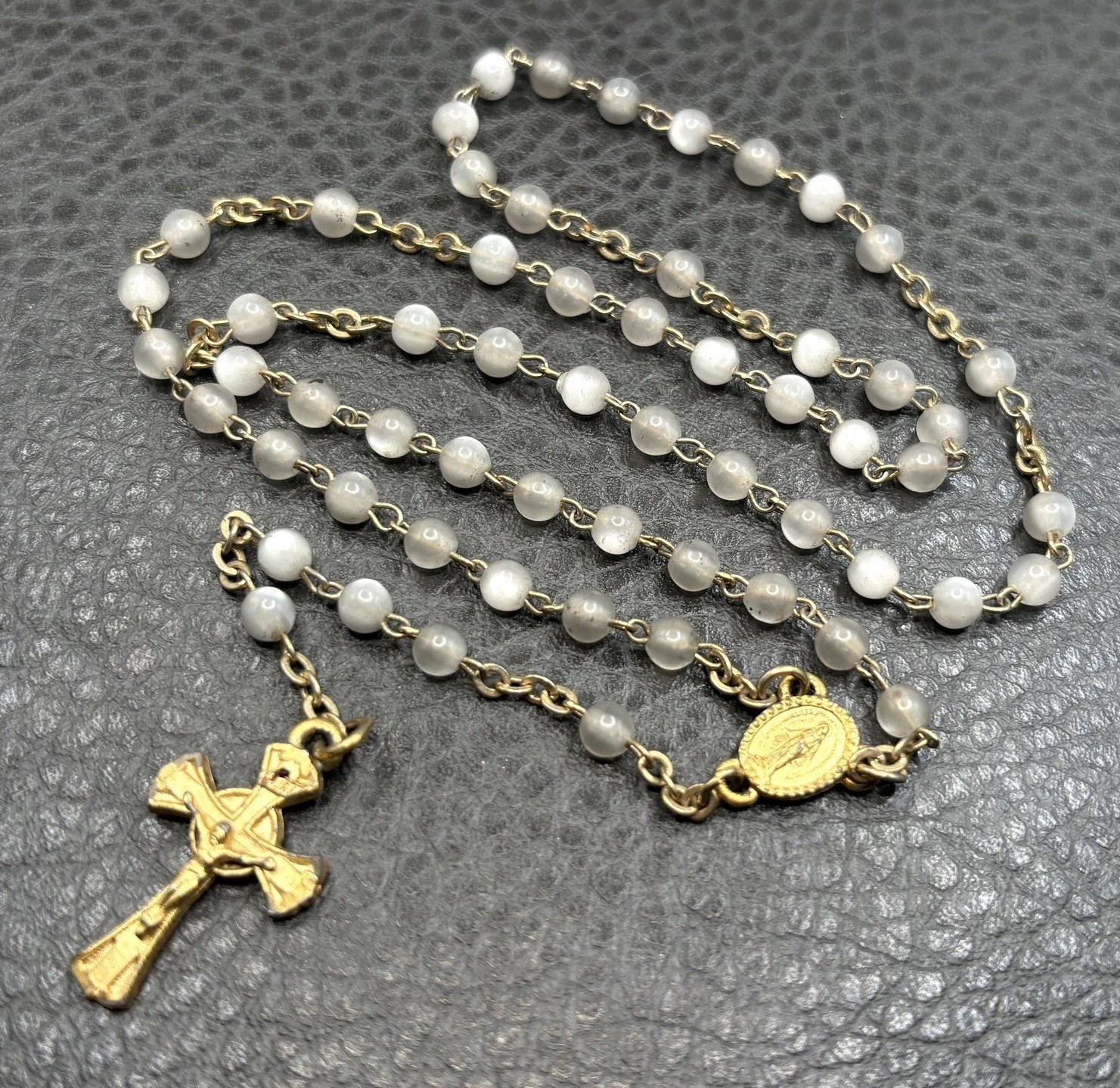 VTG Catholic Rosary Necklace Moonstone Glass Beads Crucifix Gold Tone Pewter 18” VTG Catholic Rosary Necklace Moonstone Glass Beads Crucifix Gold Tone Pewter 18”