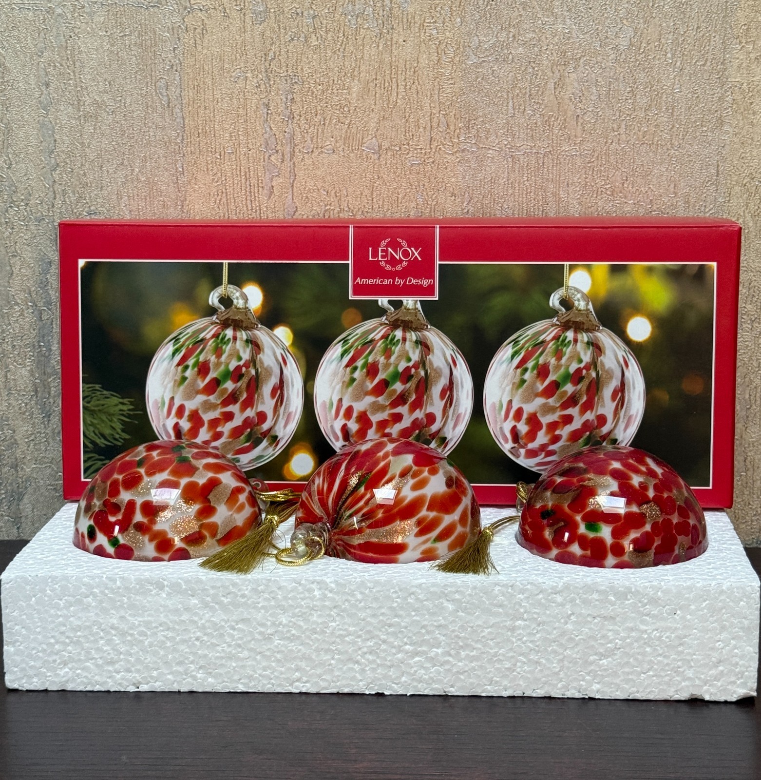 Lenox Art Glass Red/Green Ornaments Set of 3 Hand Blown 3\