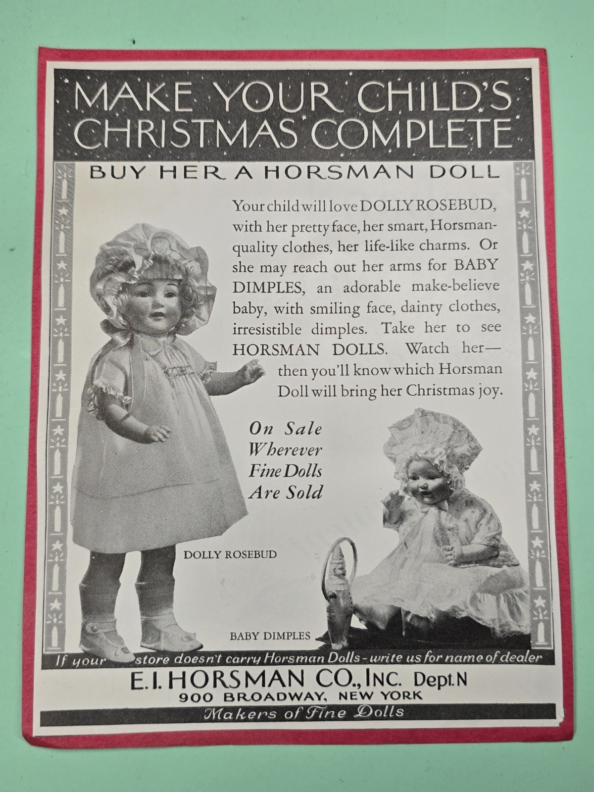 Vintage 1928 Magazine Ad Horsman Dolls Christmas Dolly Rosebud Baby Dimples Doll