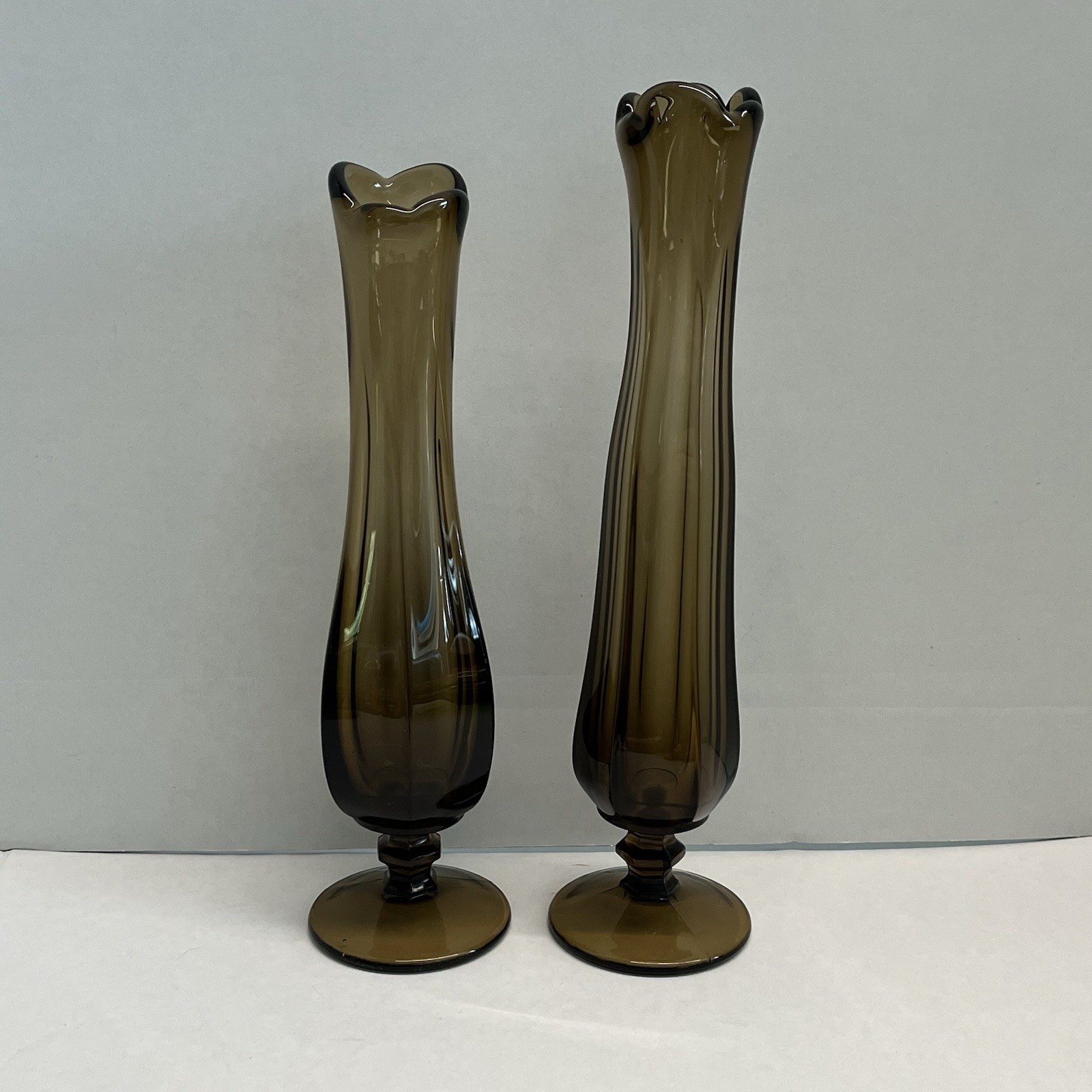 Vintage Westmoreland Glass Set Of 2 Brown Rootbeer Swung Bud Vases 11-12” Tall