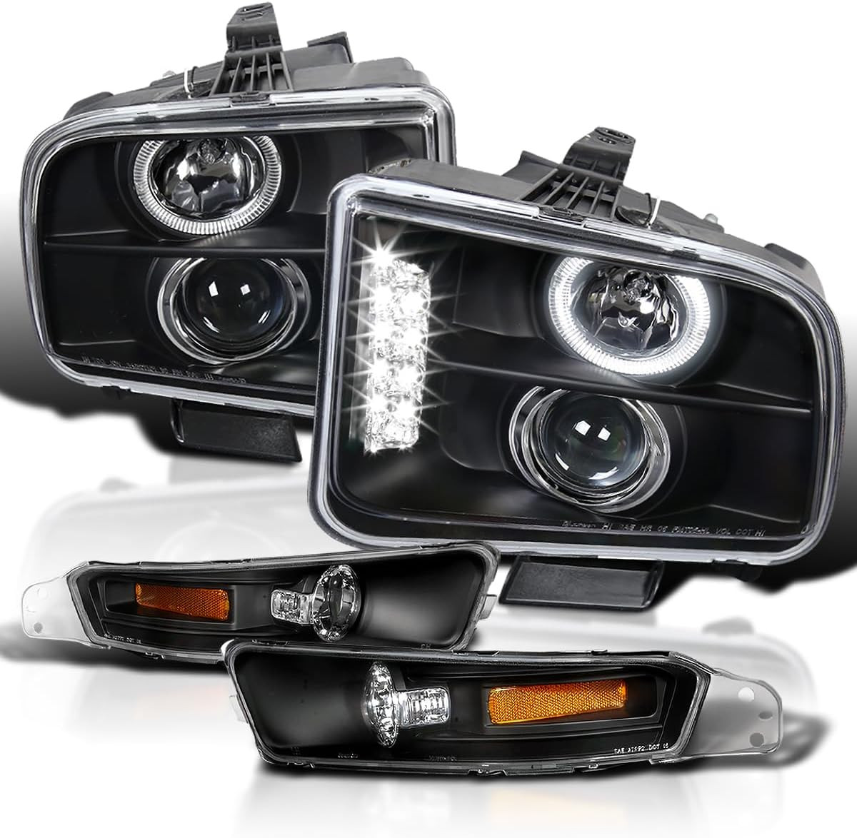 Black Halo LED Projector Headlights + Black Bumper Lights Compatible with 2005-2