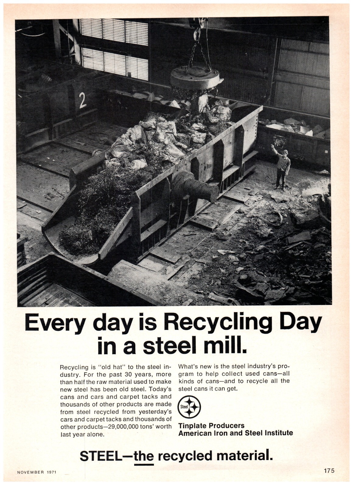 1971 Tinplate Producers Print Ad, Every Recycling Day Steel Mill Old Hat Magnet