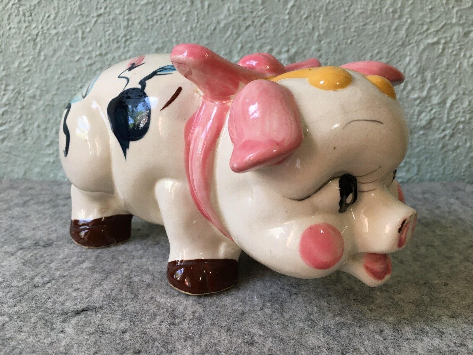 Vintage Ceramic Pottery Girl Piggy Bank Hand Painted with Pink Bow