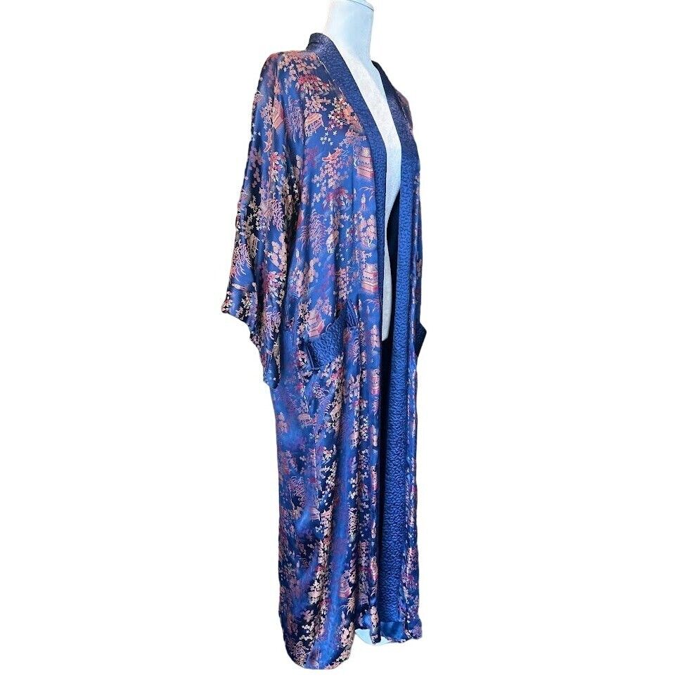 Vintage Floarts Asian Silky Satin Long Kimono Robe Royal Blue Size Large