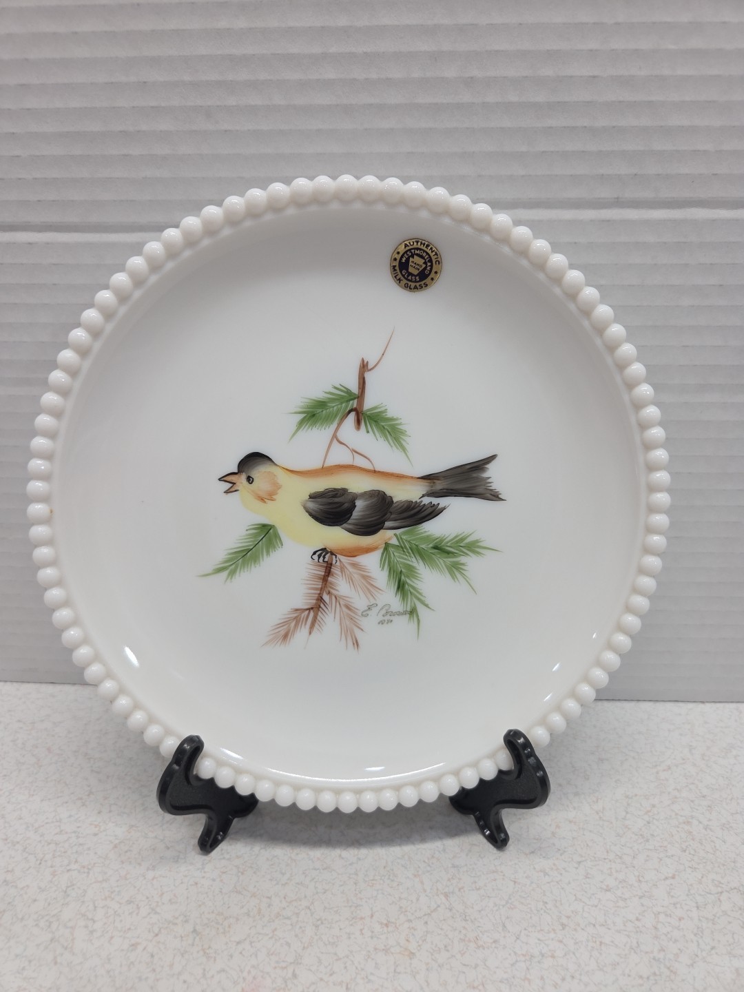 Westmoreland Milk Glass Hobnail Edge Plate Handpainted Bird Signed 7\