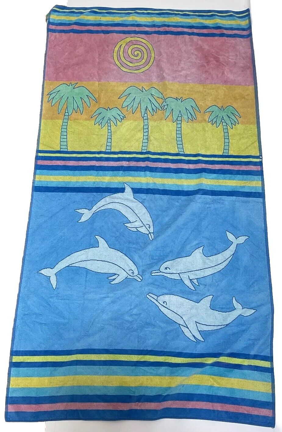 Vintage 70s 80s Rainbow Stripe Palm Tree Reversible Beach Towel Brazil Dolphins