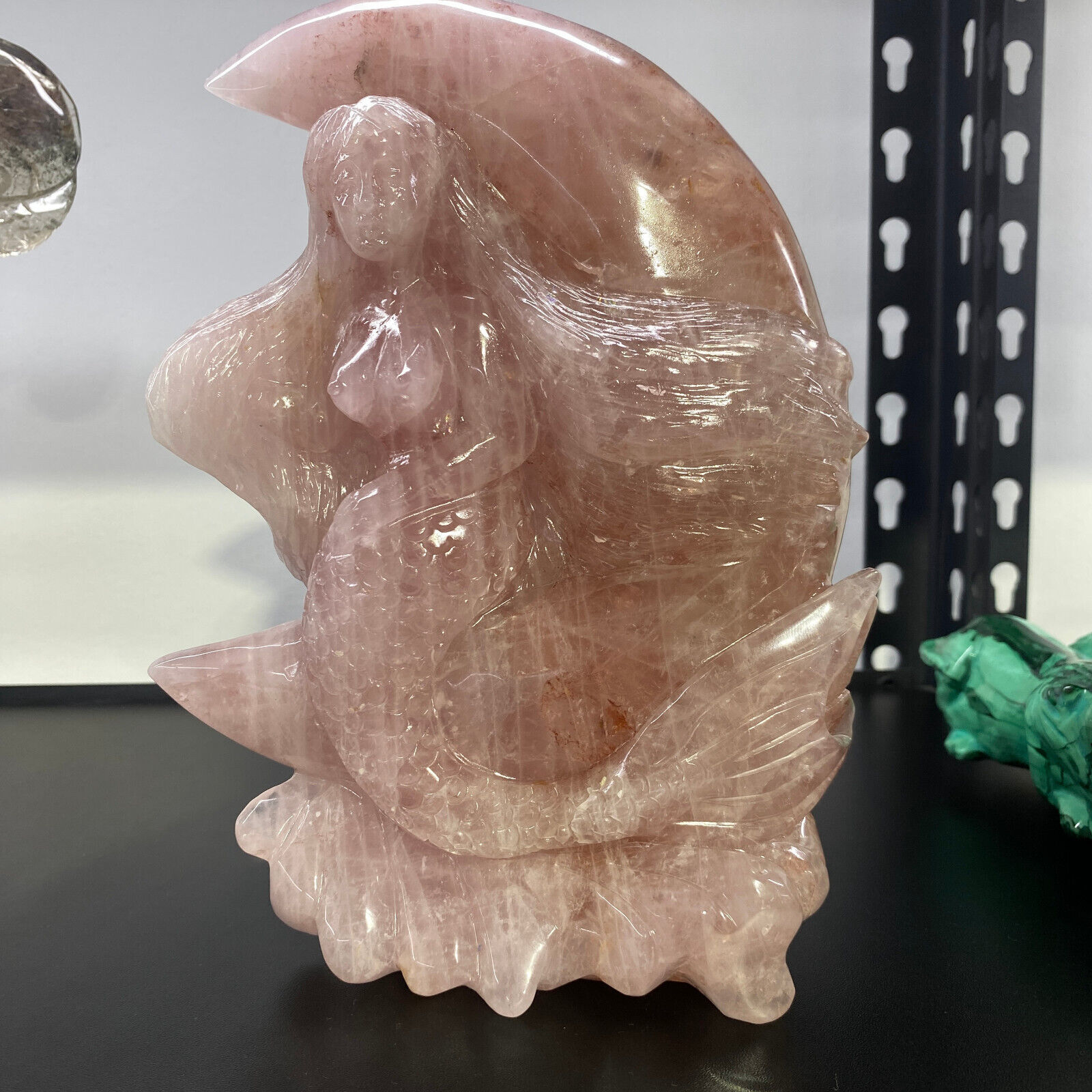 6.81lb TOP Natural Pink Quartz Carved Mermaid Skull Crystal Reiki Healing Decor