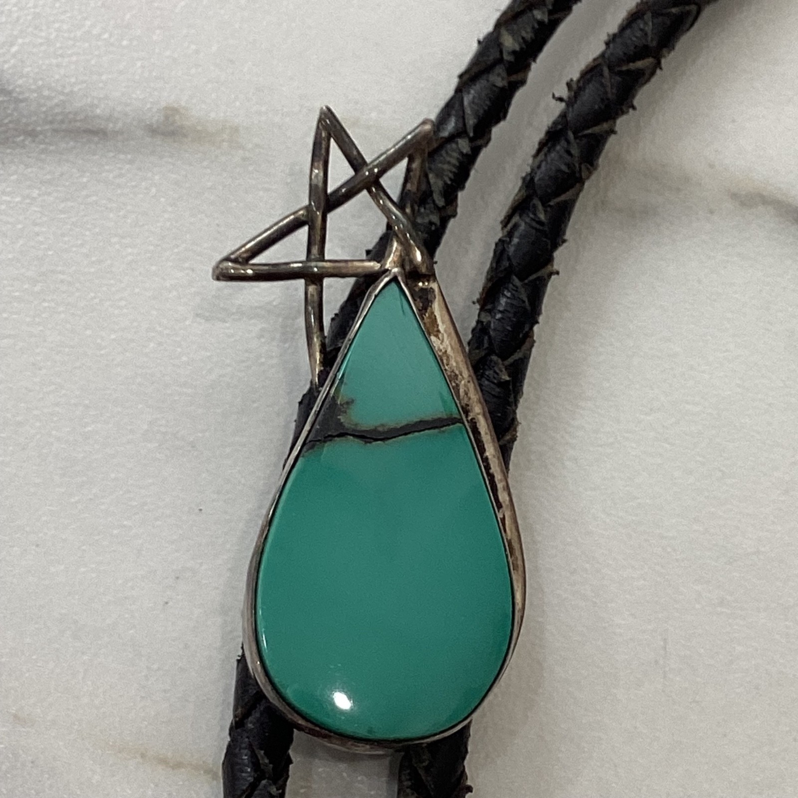 Vintage BOLO Tie Sterling Silver Turquoise Star Signed Western Native American