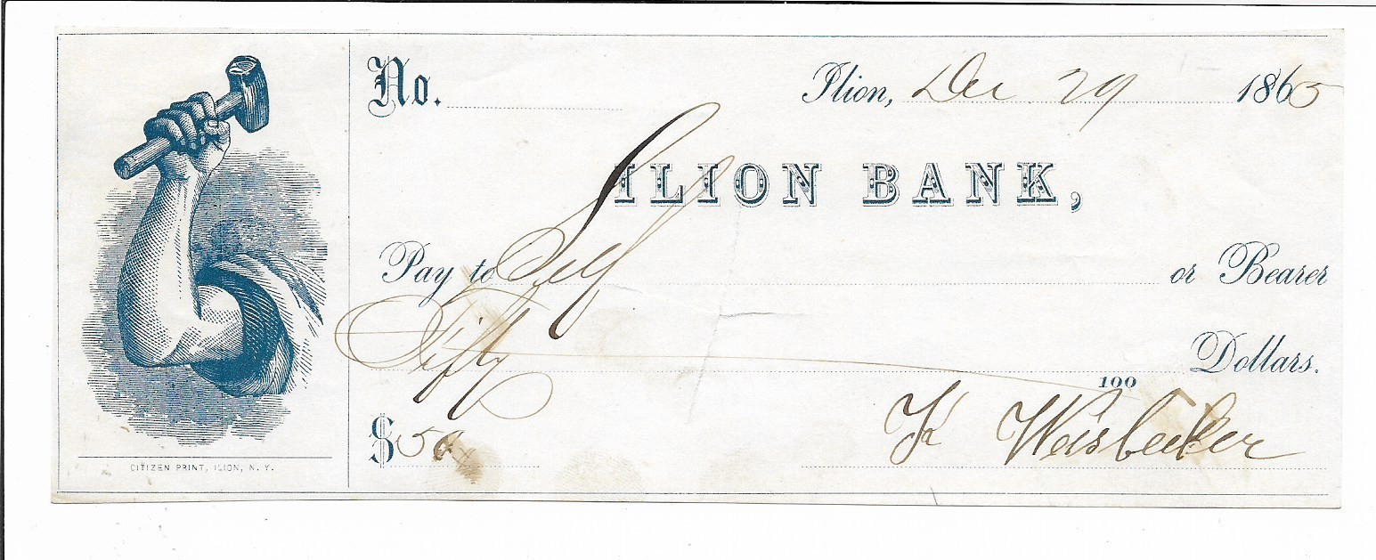 1865 ILION NEW YORK BANK CHECK