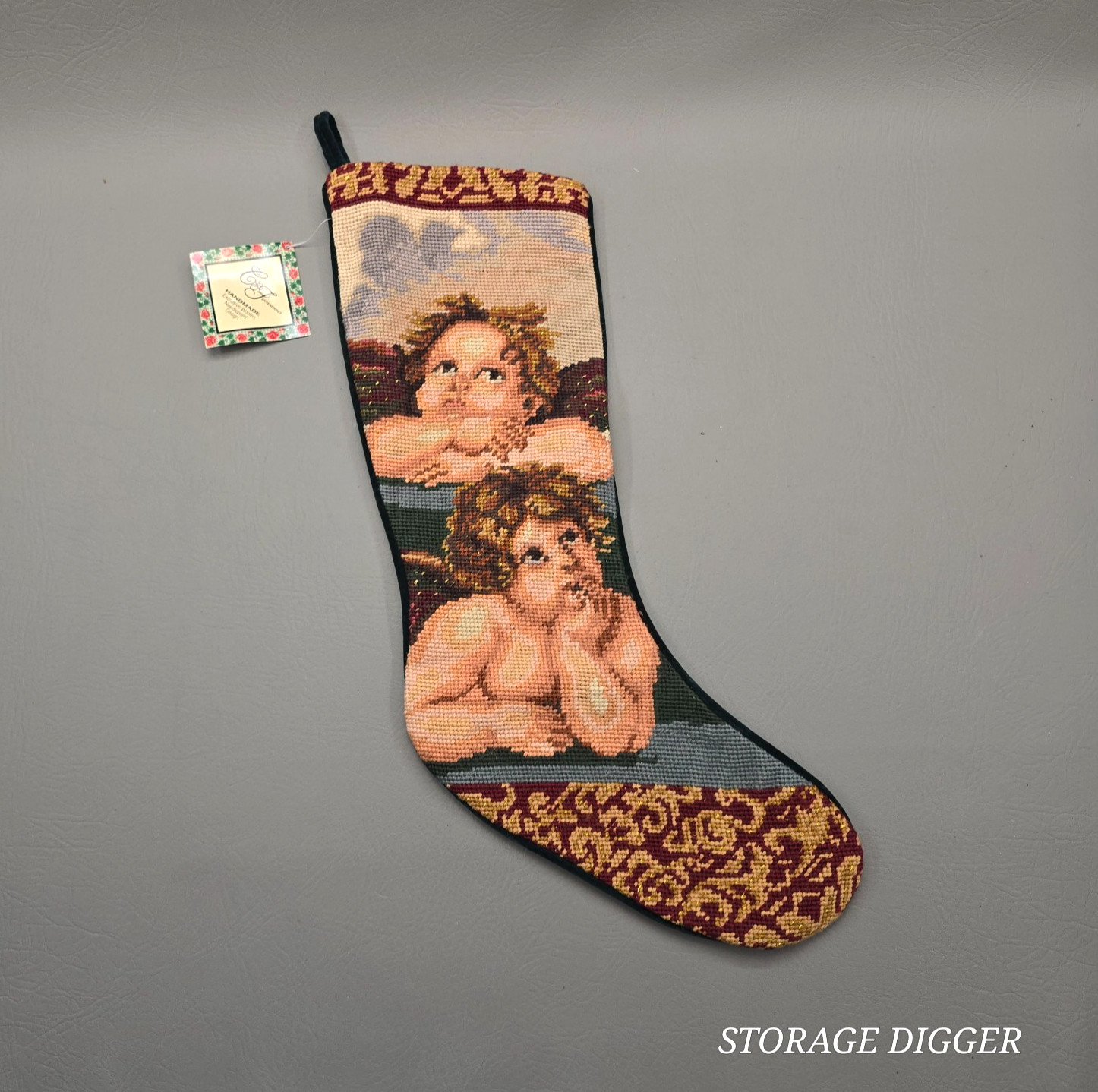 VTG C & F Enterprises Needlepoint Embroidery Christmas Old World Angels Stocking
