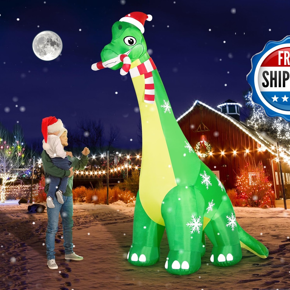 13FT Giant Dinosaur Christmas Inflatable with LED Lights, Blower, Santa Hat