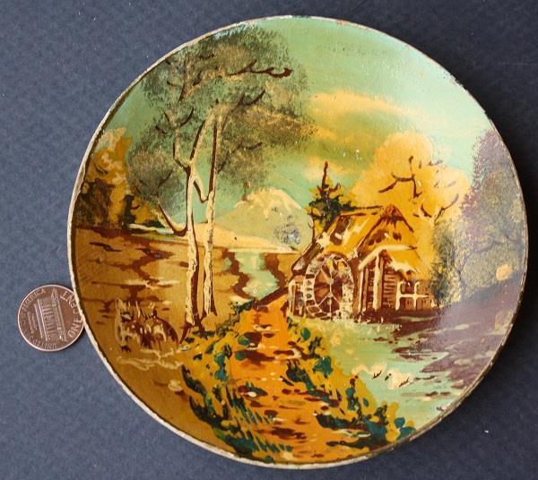 1945-52 Occupied Japan hand painted dish with Watermill wheel & river scene ----