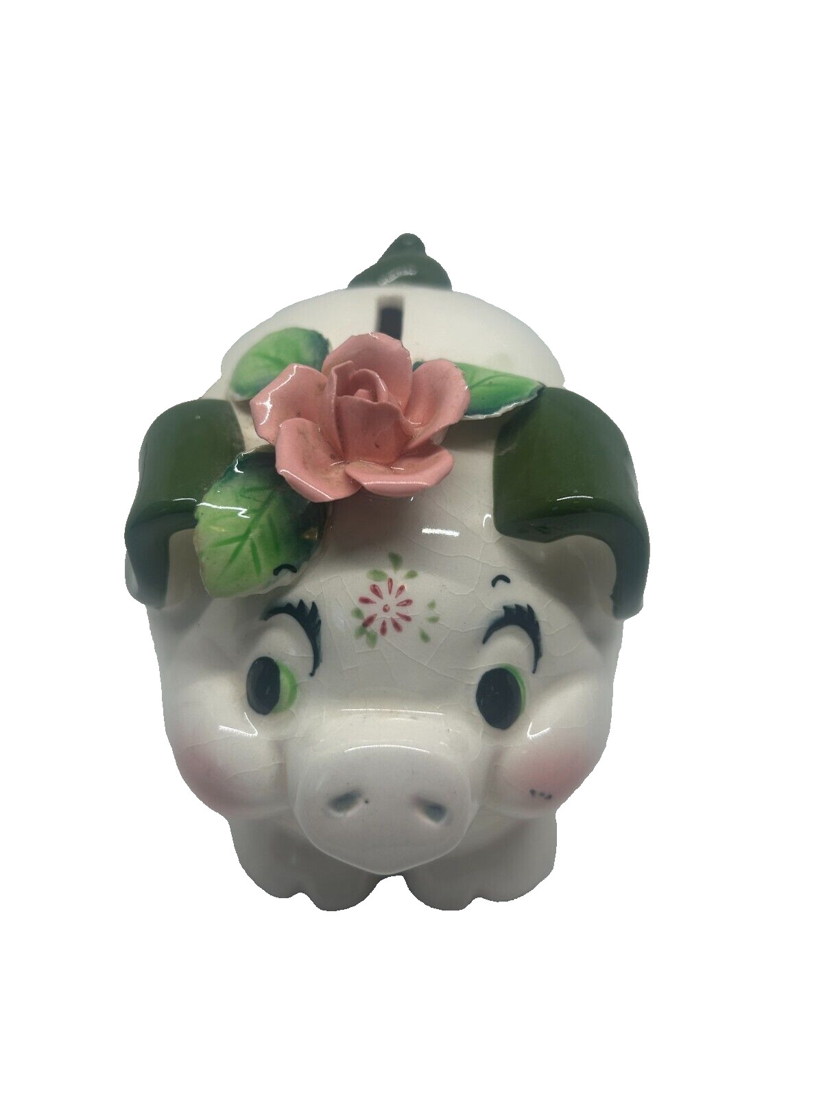 Lefton Ceramic Pig Piggy Coin Bank White Green Pink 4.5 Lefton Ceramic Pig Piggy Coin Bank White Green Pink 4.5