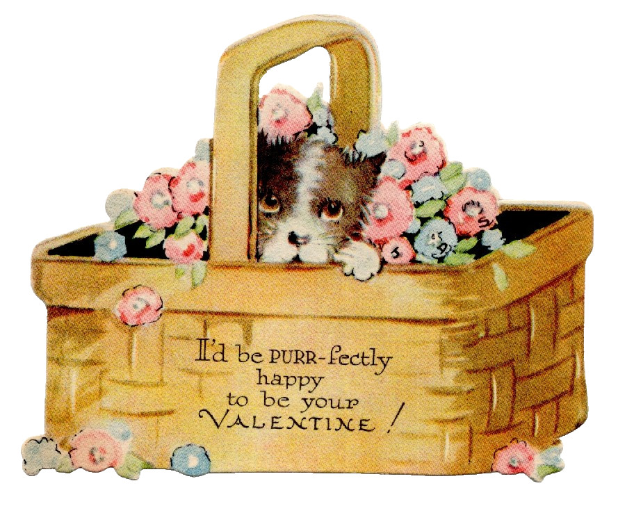 Vintage Valentine Card, KITTEN IN BASKET W/FLOWERS \
