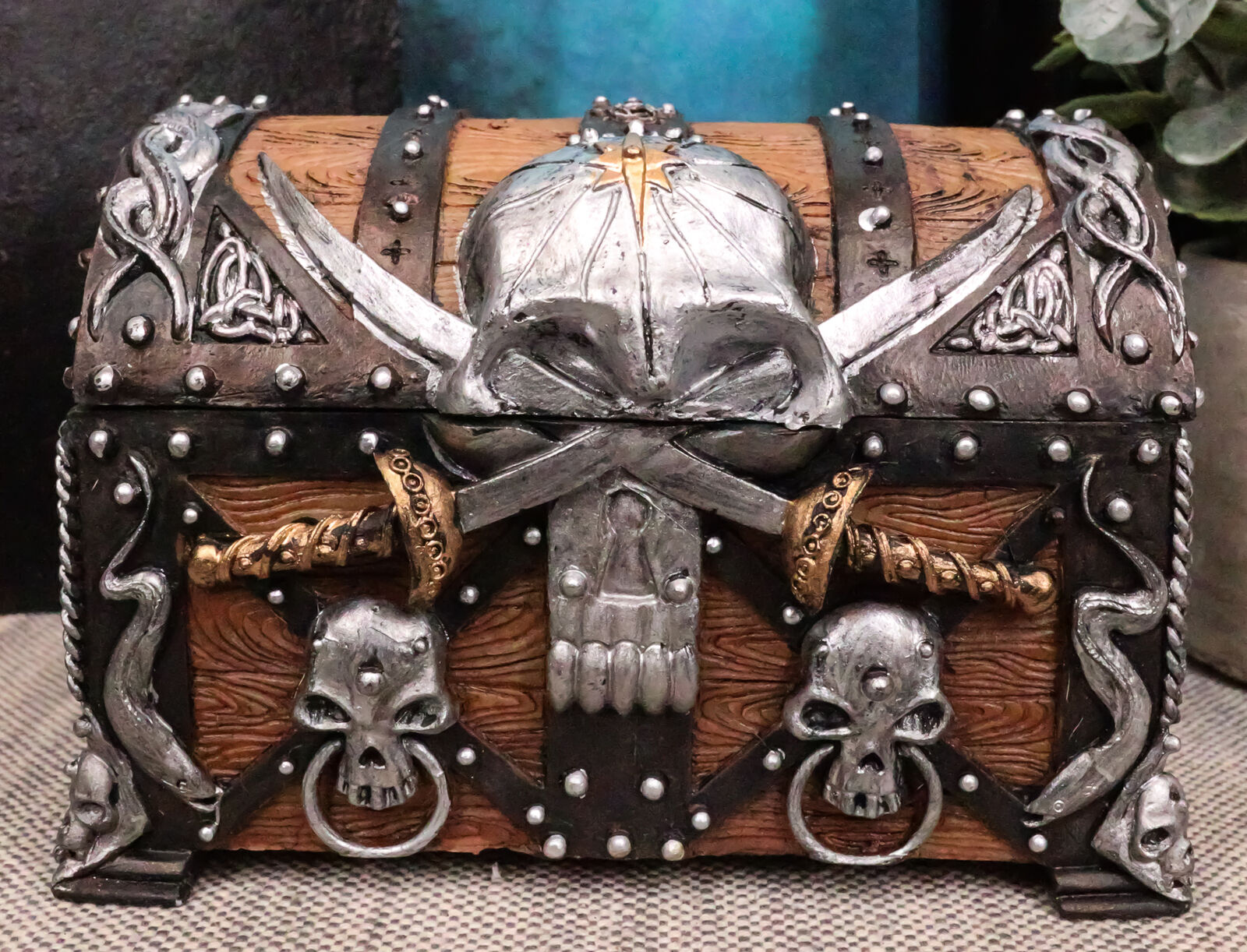 Ebros Pirate Skull With Crossed Dagger Blades Treasure Chest Box Jewelry Box 5