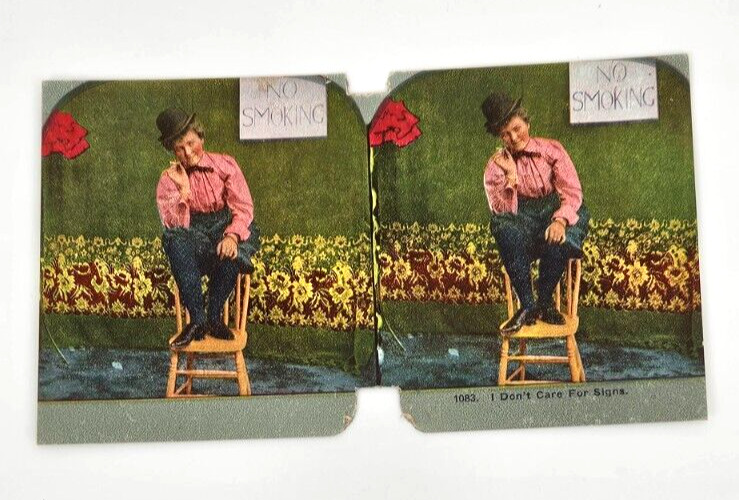 Victorian Stereograph Humorous~I Don't Care For Signs~No Smoking~Rule Breaker