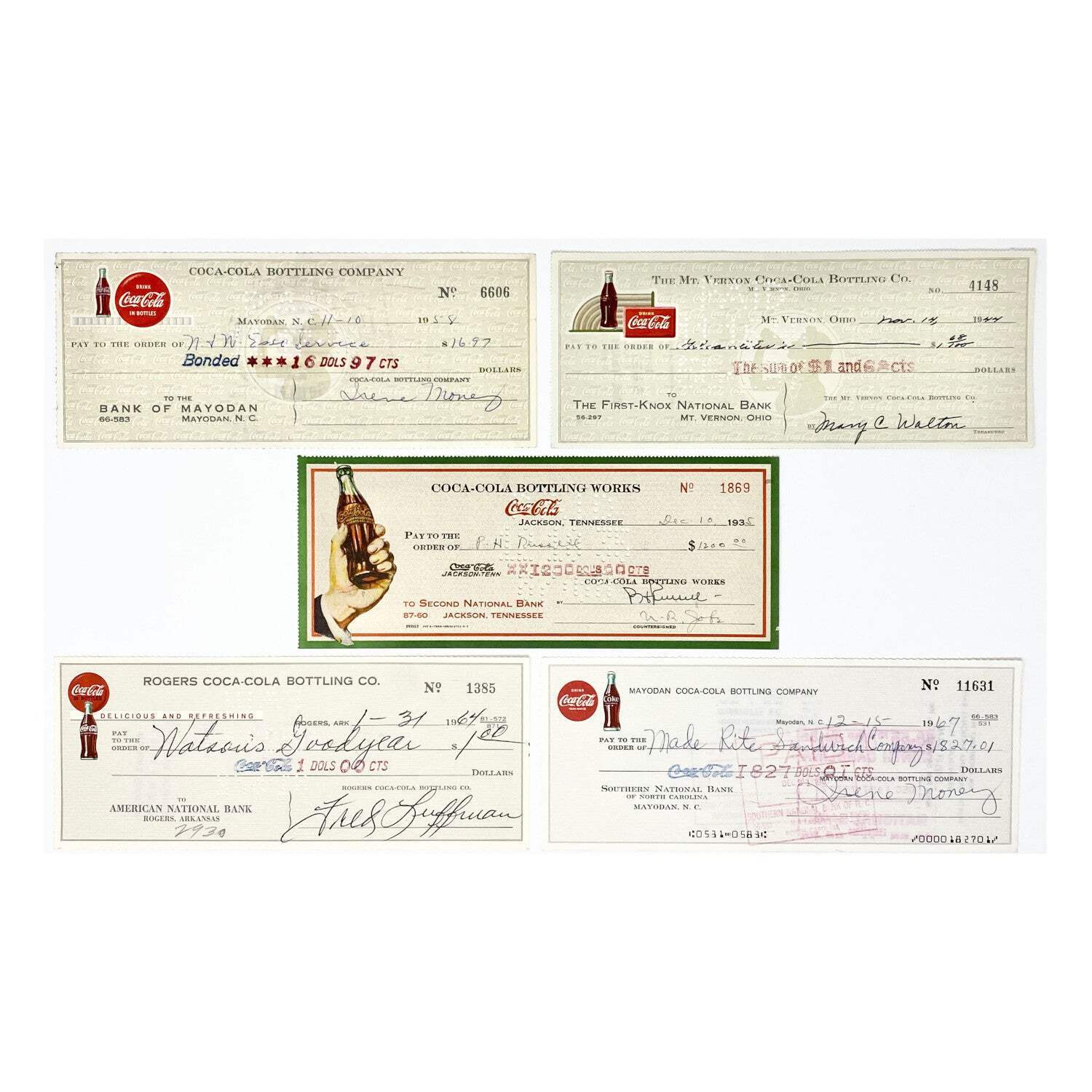 Set of 5 Vintage Coca Cola Company Checks (1930's - 1950s)