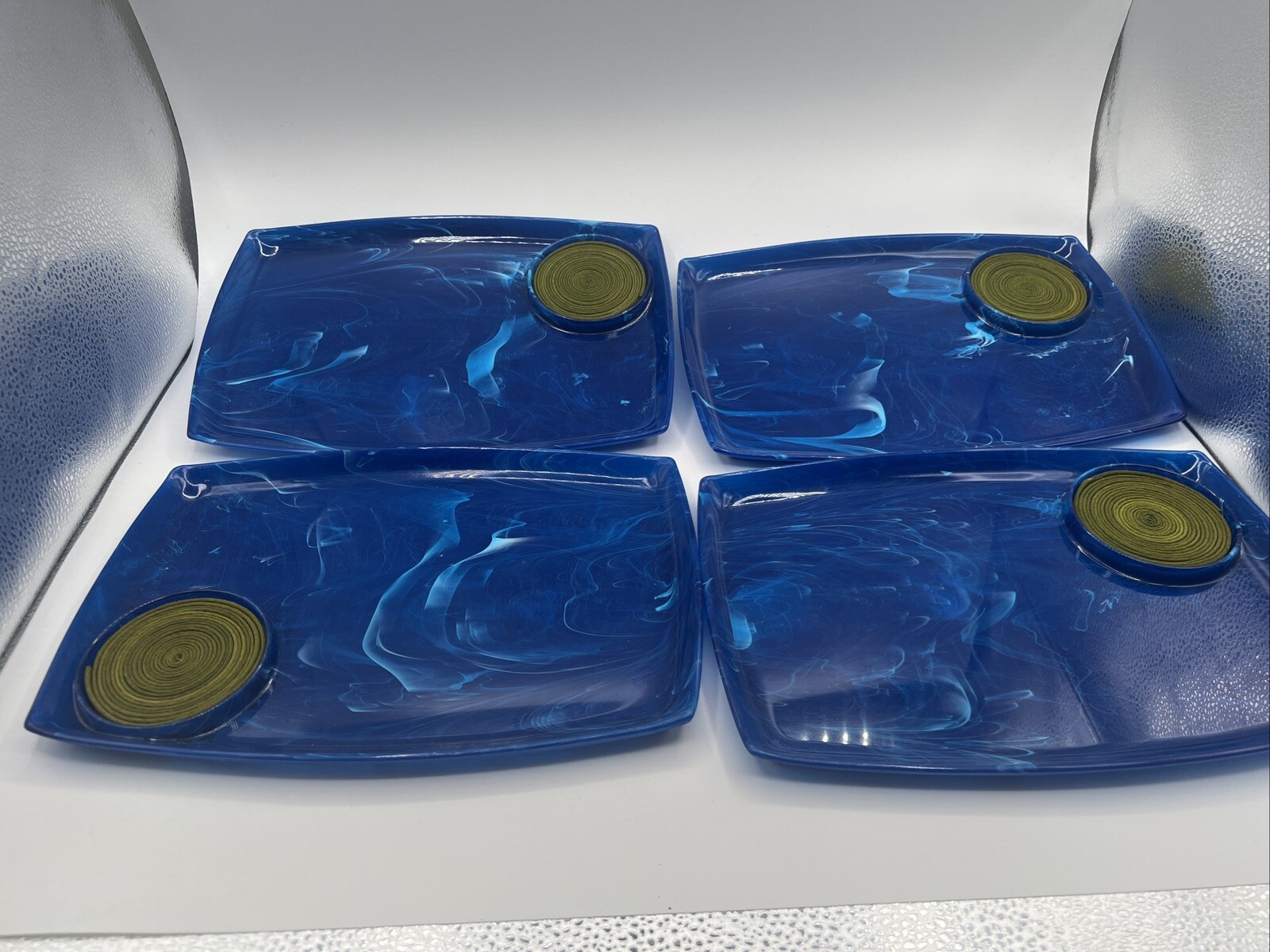 4 VTG Mid Century MCM Dinner Trays Blue Marble Pattern Rare Plates Set Lot