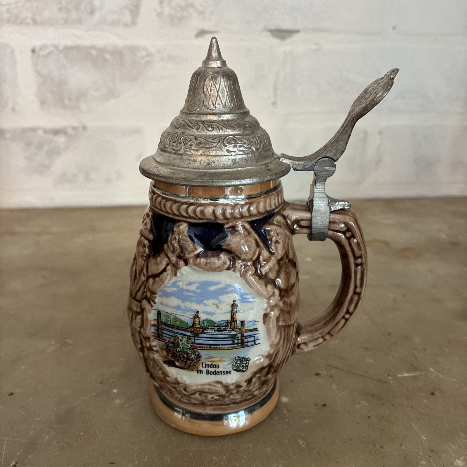 Vintage German Lidded Beer Stein Lindau im Bondensee Scenic Mini 6” Ceramic