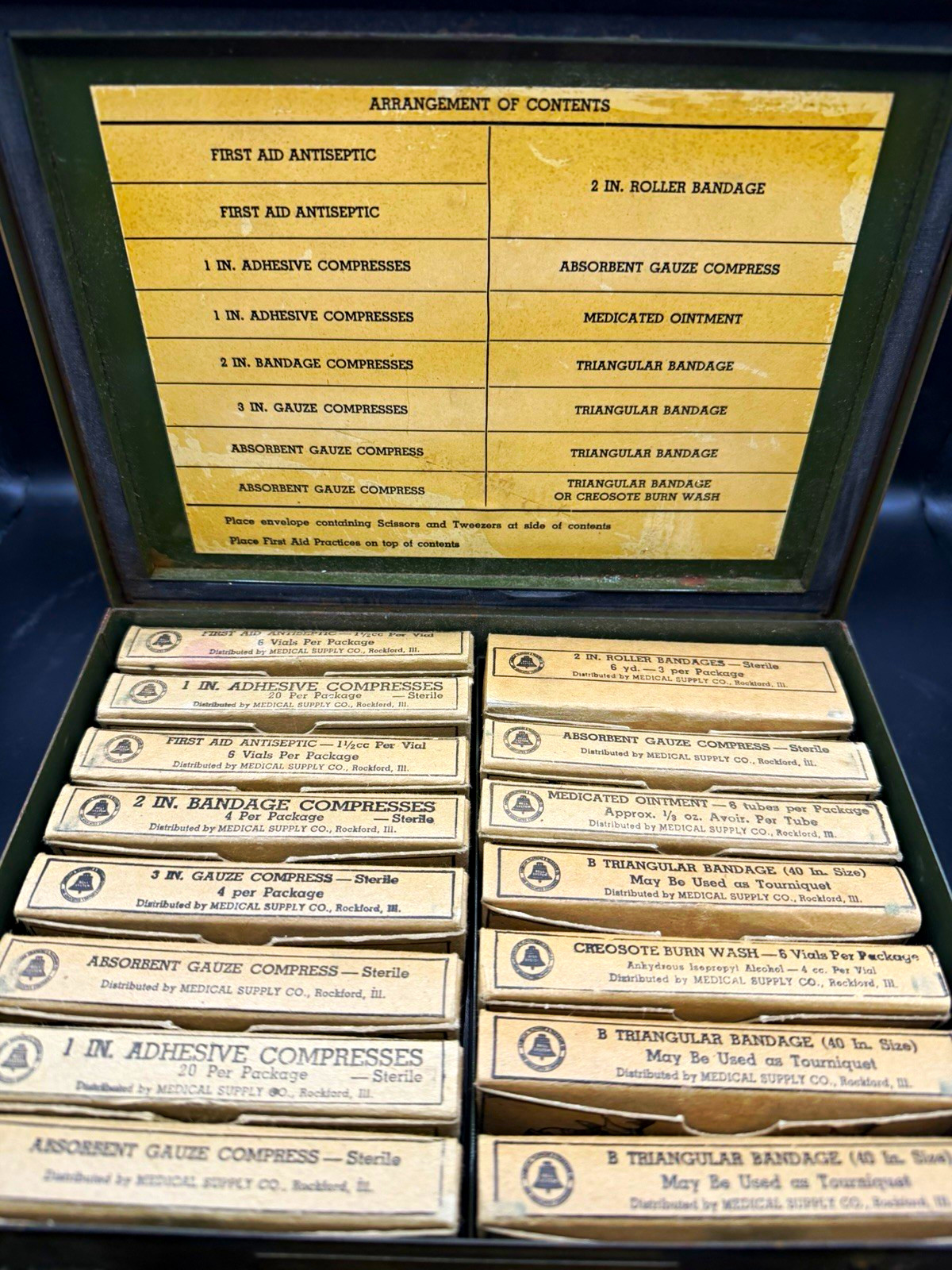 Vintage 1940s Bell System First Aid Kit Full Unused Contents AT&T Lineman Tin