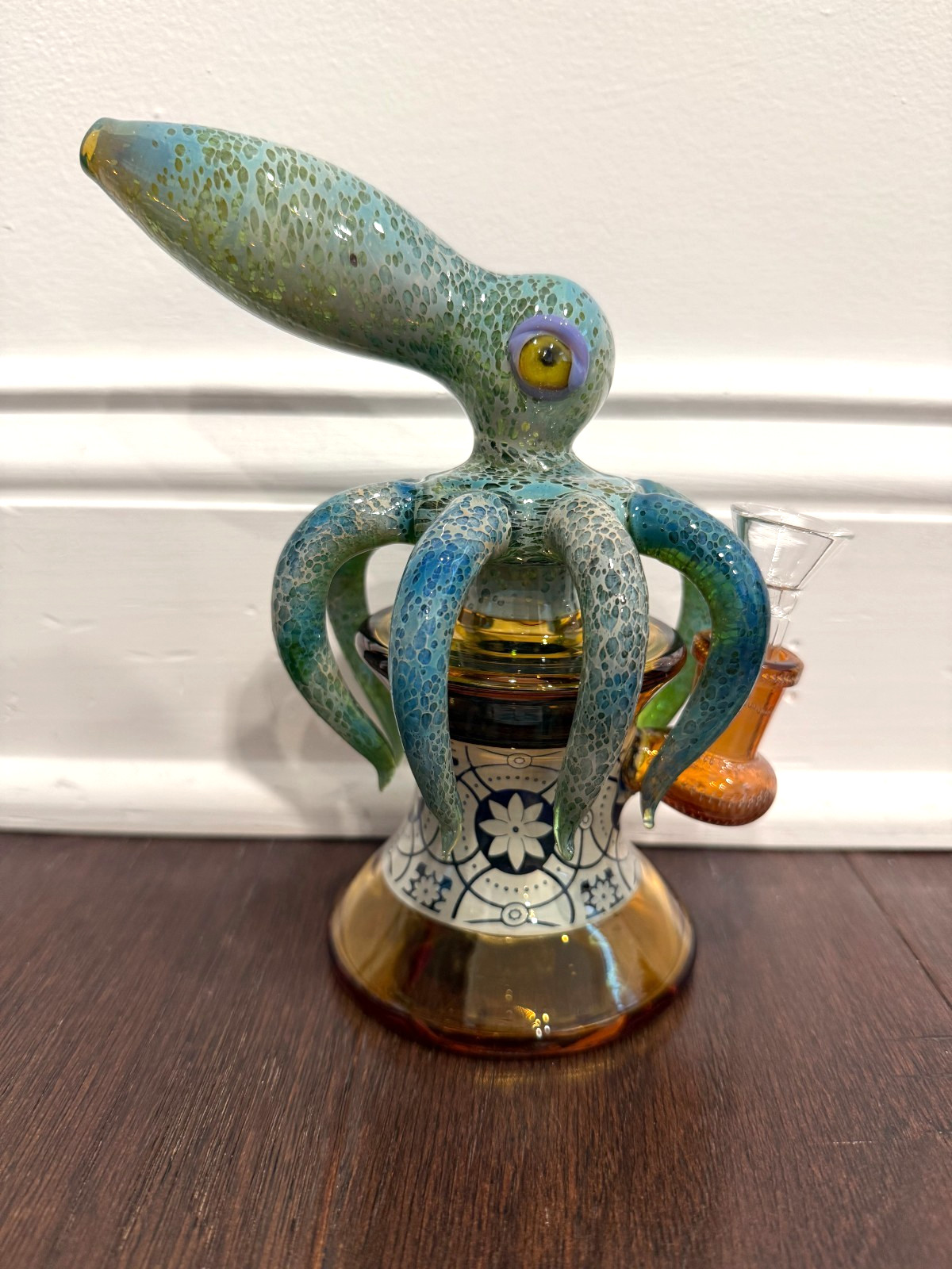 8” Premium Glass Water Pipe Art Green Sea Monster Octopus Squid 14mm