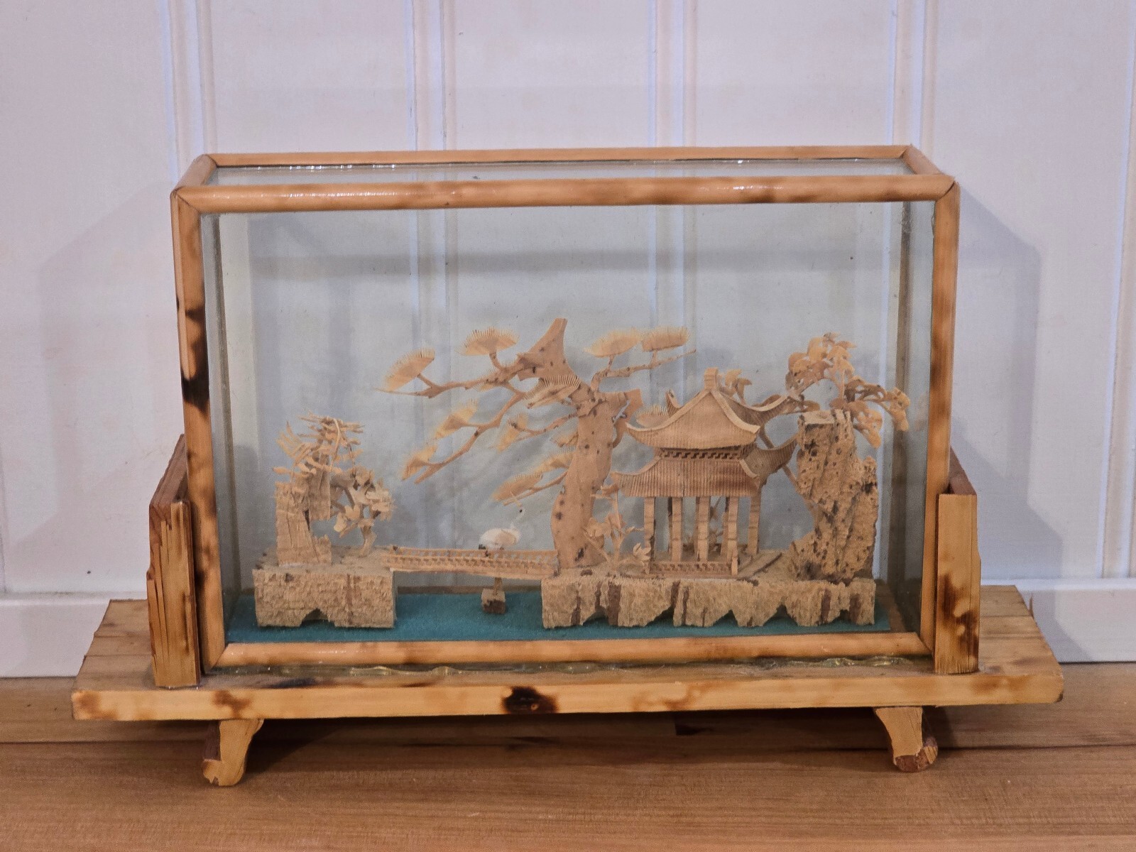 Vintage Chinese Cork Carving Diorama Burnt Bamboo Glass Case 7