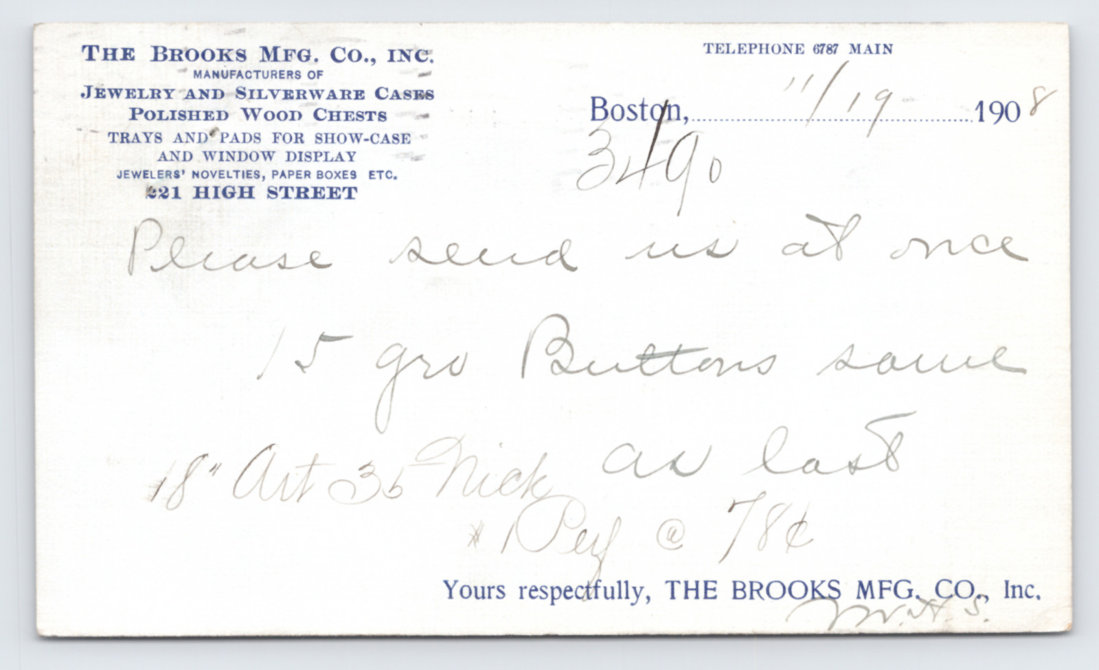 1908 Brooks Manufacturing Co Boston MA Order Postal Card Jewelry Industry Supply