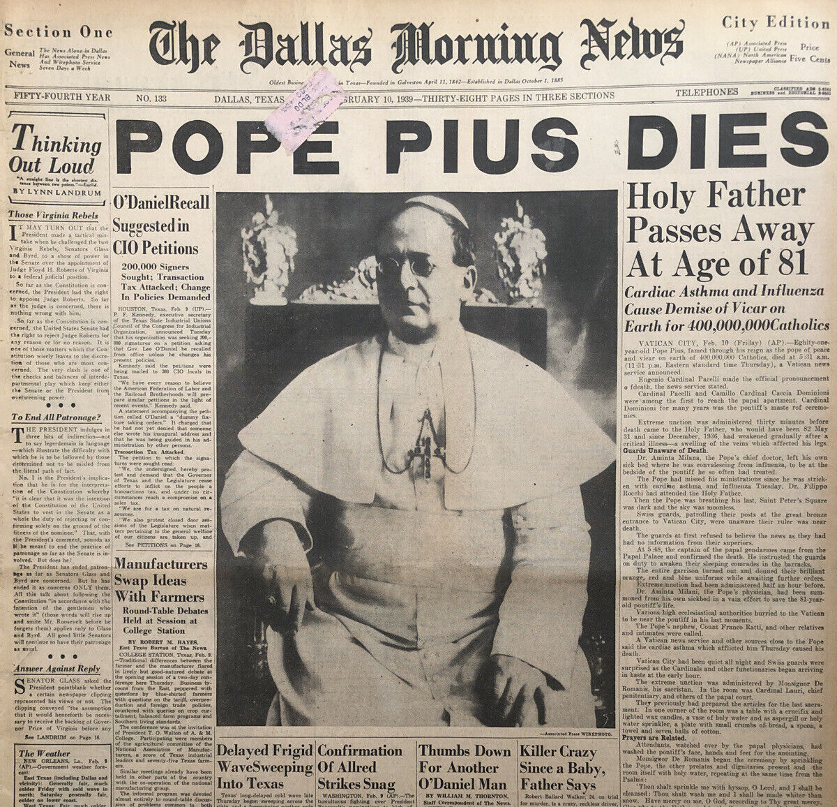 POPE PIUS DIES Original 1938 Newspaper Catholic Church Vatican City