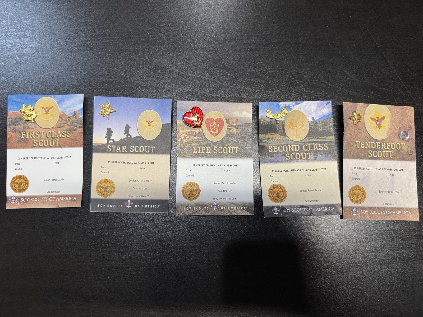 BSA Scout Rank Pins w/ Certificate Cards Tenderfoot 2nd 1st Star Life Set of 5