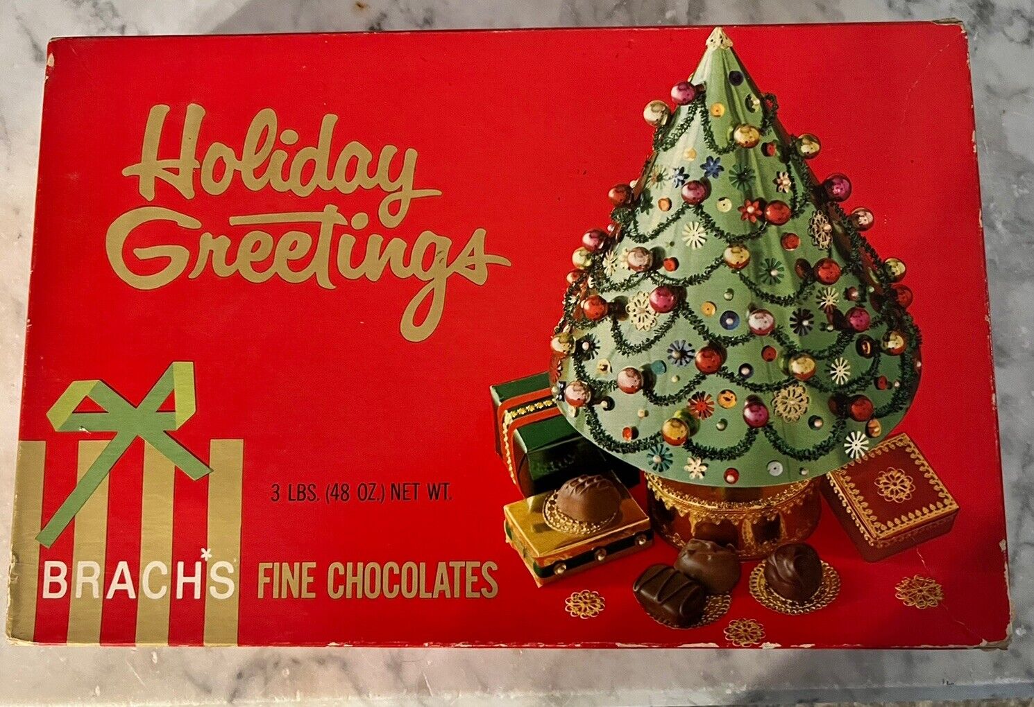 Vintage Brachs Chocolate Candy Box Empty Holiday Greetings Christmas Tree 11.25