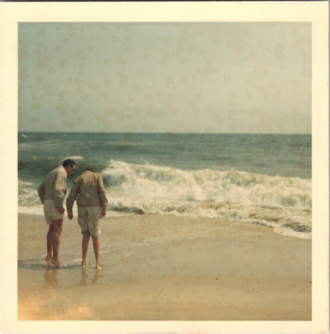 Vtg Color Snapshot Two Men Beach Ocean Waves Barefoot Rolled Pants Windbreakers