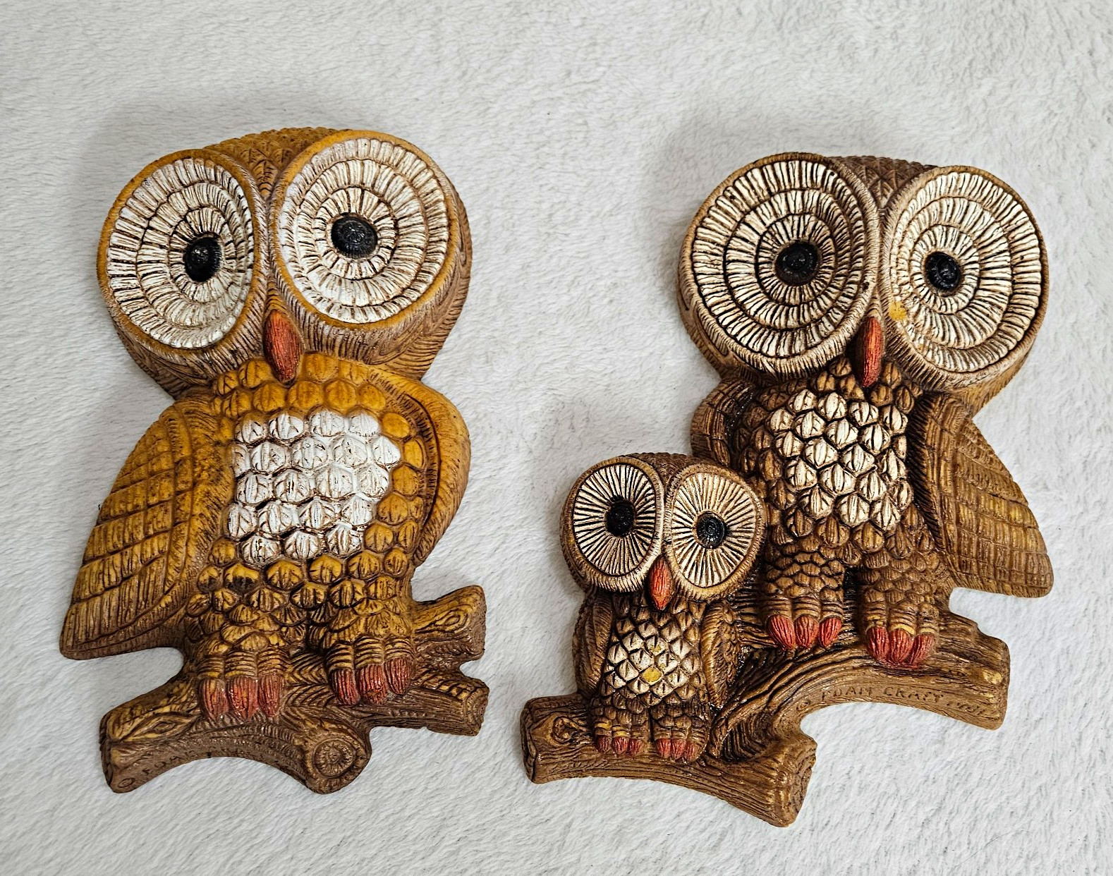 Vintage 1981 Foam Craft Owl Wall Plaques Set of 2 Big Eye Retro Kitsch Decor MCM