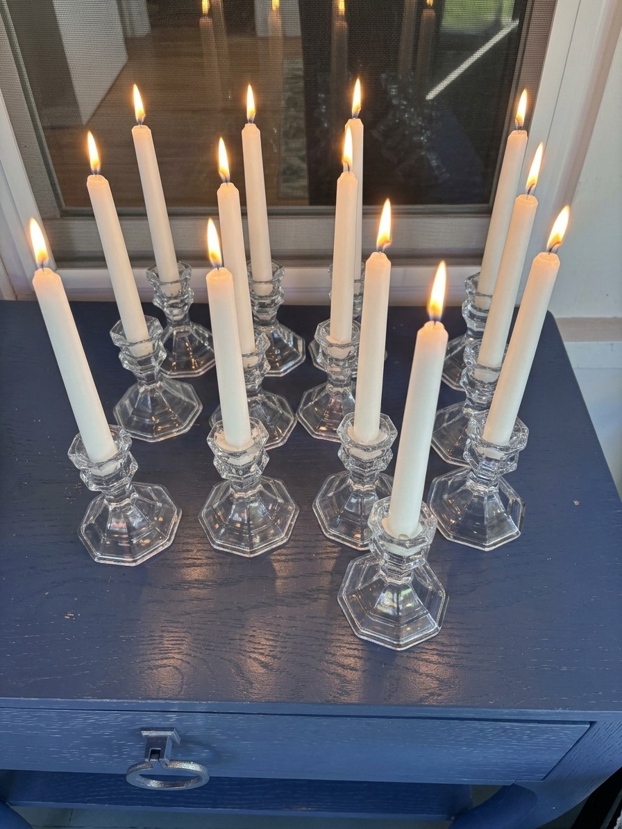 Lot of 13 Vntg Glass Taper Candlestick Holders Hexagonal Base 4.5