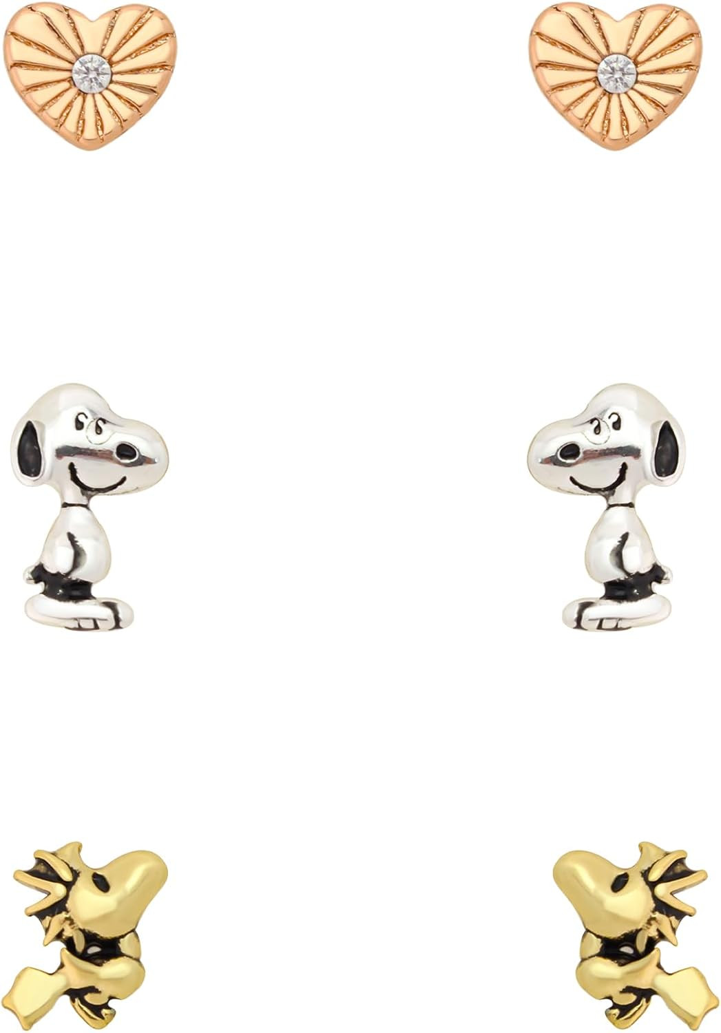 Snoopy & Woodstock Stud Earrings Set, Heart Crystal 14K Gold | This Gold-Plated