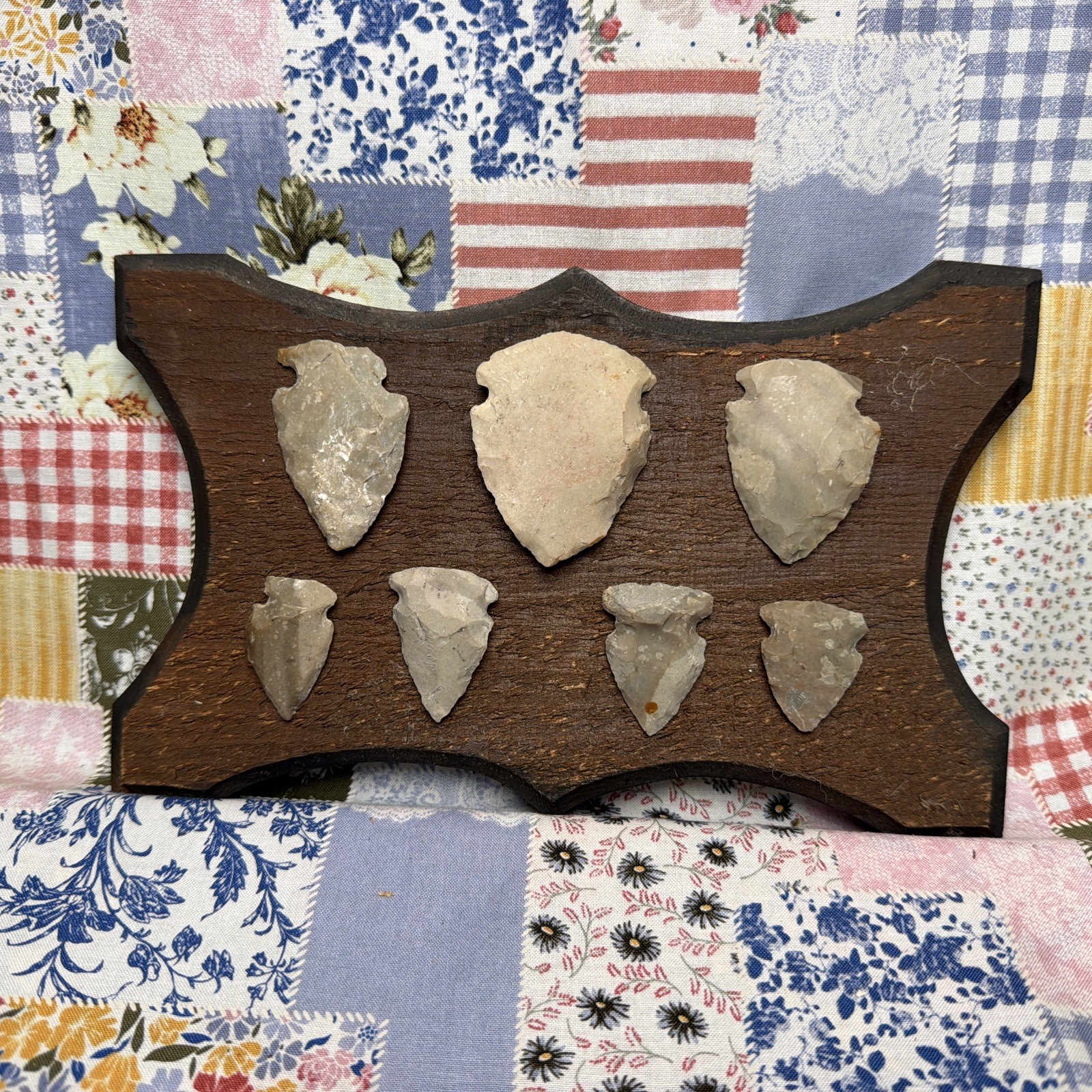 7 Pre-Contact Ohio Valley Stone Points Blades Lot Vintage Wood Display Plaque